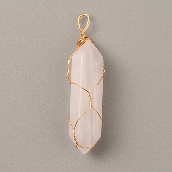 Natural Rose Quartz Double Terminated Pointed Pendants, with Golden Tone Copper Wire Wrapped, Faceted Bullet Charm, 41.5x9.5x8.5mm, Hole: 4x2.3mm