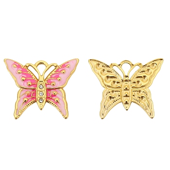 Golden Stainless Steel with Enamel and Glass Pendants, Butterfly Charms, Pink, 25x20mm, Hole: 2.8mm