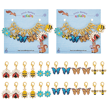 Alloy Enamel Bee & Flower & Ladybird & Butterfly Charm Locking Stitch Markers, Zinc Alloy Lobster Claw Clasps Locking Stitch Marker, Mixed Color, 2.8~3.8cm, 12pcs/set