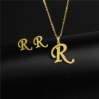 Golden Stainless Steel Initial Letter Jewelry Set, Stud Earrings & Pendant Necklaces, Letter R, No Size