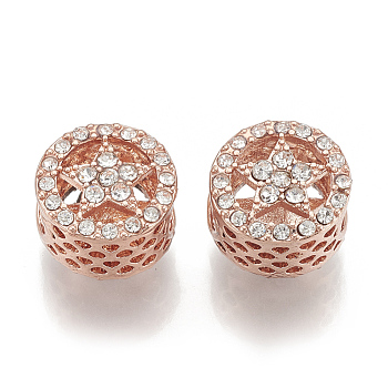 Alloy Rhinestone European Beads, Hollow, Large Hole Beads, Flat Round with Star, Rose Gold, Crystal, 12x11x9mm, Hole: 5mm