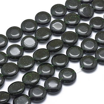 Synthetic Green Goldstone Beads Strands, Flat Round, 12x4.5mm, Hole: 1mm, about 33pcs/strand, 15.3 inch(39cm)