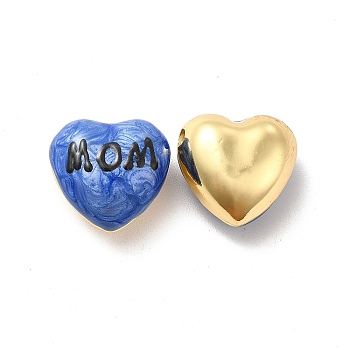 Brass Enamel Beads, Real 18K Gold Plated, Long-Lasting Plated, Heart with Word Mom, Royal Blue, 17.5x18x10mm, Hole: 2mm
