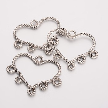 Tibetan Style Pendants, Lead Free, Cadmium Free and Nickel Free, Heart, Antique Silver, about 29mm long, 34mm wide, 2mm thick, hole: 2.5mm, Five Loop: 1~2mm