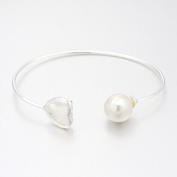 Nickel Free Silver Color Plated Brass Glass Cuff Bangles, Torque Bangles, with Round Acrylic Pearl, WhiteSmoke, 50x64mm
