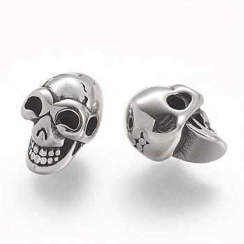 304 Stainless Steel Beads, Skull, Antique Silver, 13.5x8.5x9.5mm, Hole: 2mm