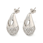 Brass with Cubic Zirconia Stud Earrings, Teardrop, Platinum, 21.5x12mm(EJEW-Q799-02A-P)