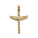 Ion Plating(IP) 304 Stainless Steel Charms with Rhinestone, Cross, Golden, 44.5x32x5mm, Hole: 9.5x4.5mm(X-STAS-Q343-21G)