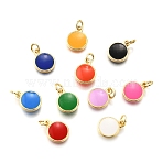 Brass Enamel Charms, with Jump Ring, Flat Round Charm, Rack Plating, Cadmium Free & Lead Free, Long-Lasting Plated, Golden, Mixed Color, 10x8x2mm, Hole: 2.6mm(KK-C106-06G)