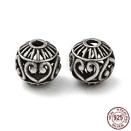 925 Sterling Silver Beads, Hollow Round with Heart, Antique Silver, 7.5mm, Hole: 1.8mm(STER-M113-19AS)