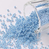 12/0 Grade A Round Glass Seed Beads, Ceylon, Sky Blue, 2x1.5mm, Hole: 0.7mm, about 5388pcs/50g(X-SEED-N001-B-918)