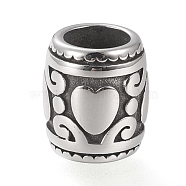 304 Stainless Steel European Beads, Large Hole Beads, Barrel with Heart, Antique Silver, 10x9mm, Hole: 5.5mm(STAS-K199-03AS)