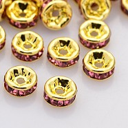 Brass Rhinestone Spacer Beads, Grade A, Straight Flange, Golden Metal Color, Rondelle, Rose, 8x3.8mm, Hole: 1.5mm(RB-A014-Z8mm-23G)