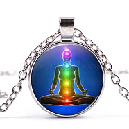 Chakra Theme Yoga Human Glass Pendant Necklace, Alloy Jewelry for Women, Light Gold, 15.75 inch~19.69 inch(40~50cm)(CHAK-PW0001-022A)