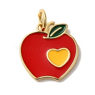 Rack Plating Brass Charms, with Enamel and Jump Ring, Cadmium Free & Lead Free, Long-Lasting Plated, Apple Charm, Real 18K Gold Plated, Red, 14x13.5x1mm, Hole: 3mm(KK-U027-25G)