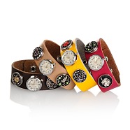 Alloy Rhinestone Snap Button Leather Wacth Snap Bracelets, Iron Watch Head, Mixed Color, 235x24mm(BJEW-JB01454)