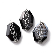 Natural Agate Dyed Pendants, with Stainless Steel Color Plated 304 Stainless Steel Heart Findings, Faceted, Polygon, 39.5~41x25~27x9.5~12mm, Hole: 4mm(STAS-E050-02P)