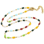 304 Stainless Steel & Glass Column Link Chain Necklaces, Golden, Colorful, 16.46 inch(41.8cm)(NJEW-P315-06G-02)