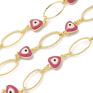 Rack Plating Brass Enamel Link Chains, Long-Lasting Plated, Unwelded, Real 18K Gold Plated, Oval & Heart & Evil Eye, Flamingo, 11~13.5x7x1~4mm(CHC-P012-09G-01)