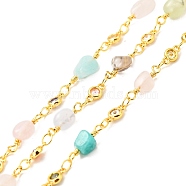 Rack Plating Brass Flat Round Link Chains, with Clear Cubic Zirconia and Natural Mixed Gemstone Nuggets Beaded, Long-Lasting Plated, Unwelded, with Spool, Cadmium Free & Lead Free, Golden, 8x4mm, 14~16x5~7mm(CHC-C025-01G)