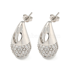 Brass with Cubic Zirconia Stud Earrings, Teardrop, Platinum, 21.5x12mm(EJEW-Q799-02A-P)