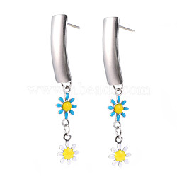 Rectangle with Flower Enamel Long Dangle Stud Earrings, Stainless Steel Color Plated 304 Stainless Steel Jewelry for Women, Deep Sky Blue, 46.5x6mm, Pin: 0.8mm(EJEW-N049-06B)