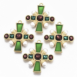 Alloy Enamel Big Pendants, with Glass Rhinestone and ABS Imitation Pearl, Cadmium Free & Nickel Free & Lead Free, Cross, Green, Real 14K Gold Plated, 65x57.5x10mm, Hole: 3.6mm(PALLOY-R113-031-NR)