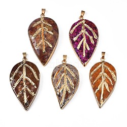 Natural Agate Big Pendants, with Light Gold Plated Iron Findings, Dyed & Heated, Leaf, Mixed Color, 56~62x30~39.5x9~13.8mm, Hole: 4x6~7mm(G-N326-106)