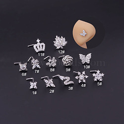 Brass Micro Pave Cubic Zirconia L-Shaped Nose Rings, with 316L Stainless Steel Pins, Nose Pin Studs Piercing Jewelry, Snowflake
, Stainless Steel Color, 7mm, Pin: 0.8mm(WGA70D4-05)