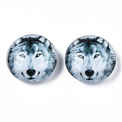 Glass Paper Snap Buttons, with Plastic & Iron Snap Caps, Garment Buttons, Flat Round with Animal, Wolf Pattern, 35x13~14mm(BUTT-N019-007-B03)