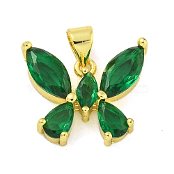 Real 18K Gold Plated Brass with Glass
 Pendants, Butterfly, Green, 15.5x18x4.5mm, Hole: 4x3.5mm(KK-R159-09C-G)