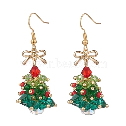 Glass Christmas Tree with Bowknot Dangle Earrings, Gold Plated Brass Wire Wrap Jewelry for Women, Colorful, 50mm, Pin: 0.8mm(EJEW-TA00104)