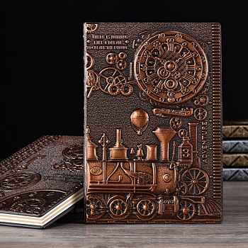 3D Embossed PU Leather Notebook, for School Office Supplies, A5 Steam Train Pattern European Style Journal, Red Copper, 215x145mm
