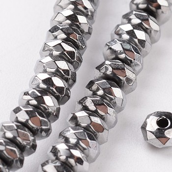 Non-magnetic Synthetic Hematite Beads Strands, Faceted, Rondelle, Silver Plated, 4x2mm, Hole: 0.5mm, about 175pcs/strand, 16 inch