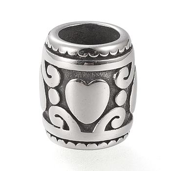 304 Stainless Steel European Beads, Large Hole Beads, Barrel with Heart, Antique Silver, 10x9mm, Hole: 5.5mm
