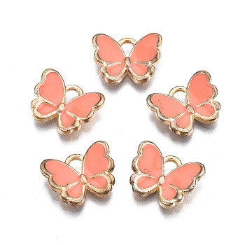 Alloy Enamel Charms, Butterfly, Light Gold, Salmon, 10.5x13x3mm, Hole: 2mm