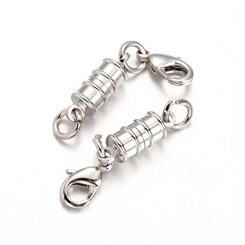 Eco-Friendly Column Brass Magnetic Clasps Converter, with Lobster Claw Clasps, Lead Free & Nickel Free, Platinum, 17x6mm