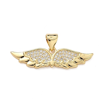 Brass Micro Pave Clear Cubic Zirconia Charms, Wing Charms, Real 16K Gold Plated, 8x29x2mm, Hole: 3.5x4.5mm