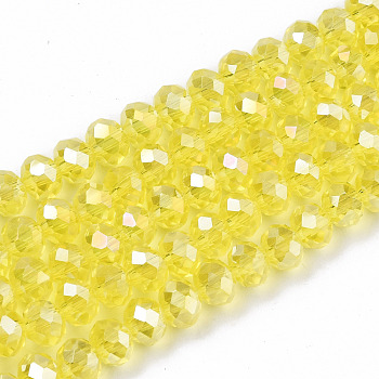 Electroplate Glass Beads Strands, AB Color Plated, Faceted, Rondelle, Champagne Yellow, 6x5mm, Hole: 1mm, about 83~85pcs/strand, 38~39cm