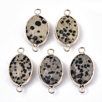 Natural Dalmatian Jasper Links Connectors, with Light Gold Tone Brass Findings, Oval, Faceted, 27.5x14.5x6mm, Hole: 2mm