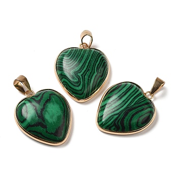 Natural Malachite Pendants, Heart Charms, with Golden Tone Iron and Brass Findings, 29x24~24.5x6~6.5mm, Hole: 7~7.3x3.8~4.3mm