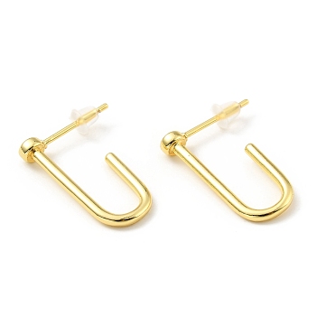 Brass Minimalist Rectangle Stud Earrings, Half Hoop Earrings for Women, Lead Free & Cadmium Free & Nickel Free, Real 18K Gold Plated, 20x15x1.5mm, Pin: 0.9mm