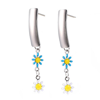 Rectangle with Flower Enamel Long Dangle Stud Earrings, Stainless Steel Color Plated 304 Stainless Steel Jewelry for Women, Deep Sky Blue, 46.5x6mm, Pin: 0.8mm