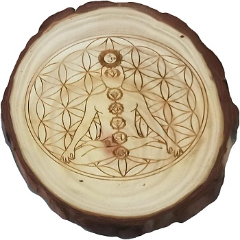 Rustic Wooden Slice Cup Mats, Seven Star Array Display Base for Gemstones, Crystal Ball, Irregular Flat Round, Chakra Theme, 80~110x8.5~12mm