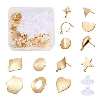 Kissitty 26Pcs Heart & Geometry Brass Stud Earring Findings, with Loop and Plastic Ear Nuts, Real 18K Gold Plated, 2pcs/style