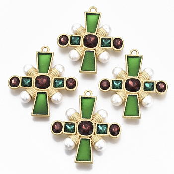 Alloy Enamel Big Pendants, with Glass Rhinestone and ABS Imitation Pearl, Cadmium Free & Nickel Free & Lead Free, Cross, Green, Real 14K Gold Plated, 65x57.5x10mm, Hole: 3.6mm