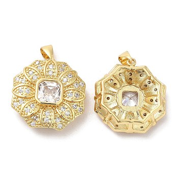 Brass Micro Pave Cubic Zirconia Pendants, Lead Free & Cadmium Free, Flower Charms, Real 18K Gold Plated, 23x21.5x7.5mm, Hole: 5.3X2.5mm