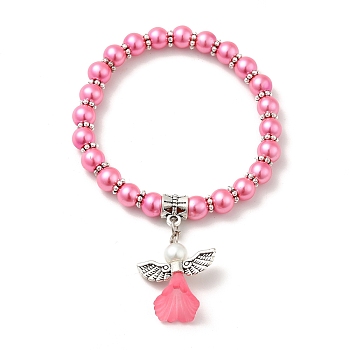 Lovely Wedding Dress Angel Bracelets for Kids, Carnival Stretch Bracelets, with Glass Pearl Beads and Tibetan Style Beads, Hot Pink, 45mm