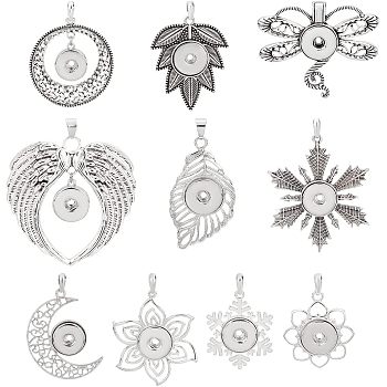 CHGCRAFT 10Pcs 10 Style Alloy Hang Snap Base Pendant, for Interchangeable Snap Charms Jewelry Making, Maple Leaf & Wing & Snowflake, Antique Silver, 43~69x34~68x5~6.5mm, Hole: 8~9x4~6.5mm, 1pc/style