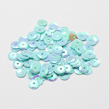 Plastic Paillette Beads, Semi-cupped Sequins Beads, Center Hole, Pale Turquoise, 12x0.5mm, Hole: 1mm